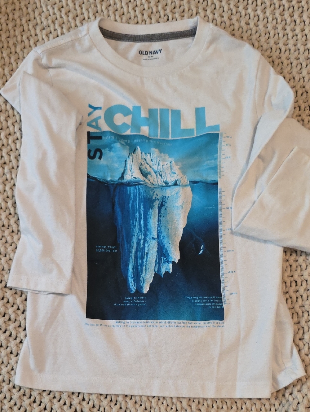 Old Navy White Long-Sleeve Tee with Blue 'Stay Chill' Iceberg Graphic